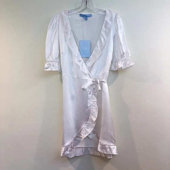 Hill House 100% Silk Nima Satin White Ruffled Sheer V Neck Wrap Mini Dress S NWT - Picture 2 of 11